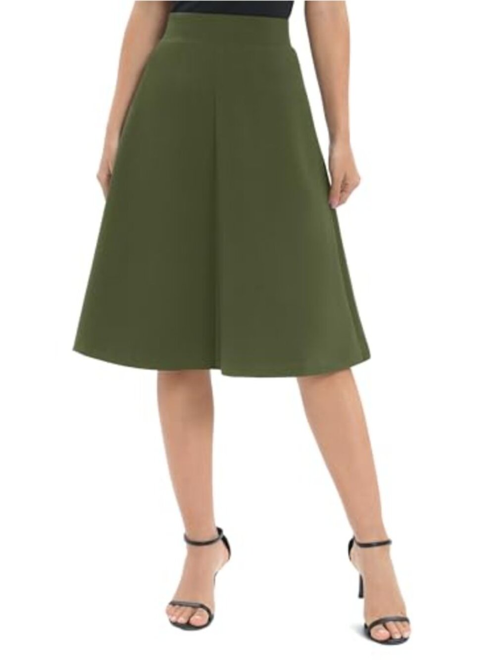 A-Line High Waist Flare Midi Skirt Stretchy Elastic Waist Work